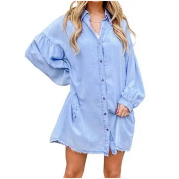 Denim Chambray Shirt Dress XLP Tunic Oversized Tencel Blue Country Western Boho - Picture 1 of 11